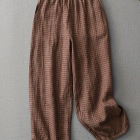 Resim Kadınlar İçin Yüksek Bel Geniş Paça Pantolon - Retro Geometrik Desenli Elastik Bel Kısa Boy, Cepli, Makinede Yıkanabilir Günlük Şık Kumaş, Tüm Mevsimler İçin Uygun, Akıcı Kumaş - Saf Malzeme 