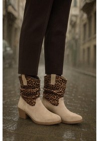 Resim Kalın Topuklu Cilt/süet Kadın Bot & Bootie Leopar 