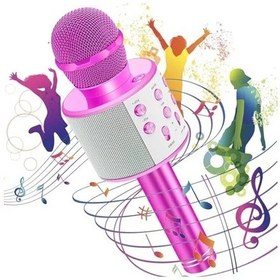 Resim Pembe Renkli Bluetooth Karaoke Mikrofon, Usb Ve Aux Girişli 