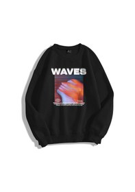 Resim Unisex Waves Bisiklet Yaka Sweatshirt Siyah Siyah 