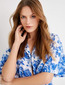 Resim Çiçekli Gömlek Taşlı Kısa Kollu Rahat Kesim Cepli Pamuklu 