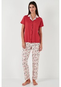 Resim Lela Regular Fit Gömlek Yaka Kısa Kollu Bayan Pijama Takımı 65730101 Kırmızı 