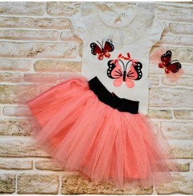 Resim 9-12-18 Ay Payetli Kelebek Nakışlı Taçlı Kısa Kollu Tütü Etek 3lü Kız Bebek Takımı Nar Çiçeği Narçiçeği 