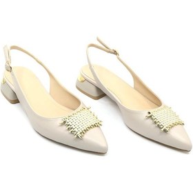 Resim Feles Toka Detaylı Kısa Topuklu Arkası Açık Kadın Babet Ayakkabı Bej 