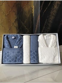 Resim Hazal 8 Parça Aile Bornoz Takımı Krem Mavi Krem - Mavi 