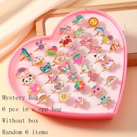 Resim 6 Paket Sevimli Çinko Alaşımlı Çocuk Yüzük Seti, Kızlar İçin Ayarlanabilir Moda Takıları, Doğum Günü ve Noel Hediyesi, Parti Hediyeleri, Rol Yapma Aksesuarı, Kutu Yok 