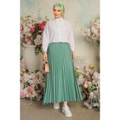 Resim Zarif Ve Modern Pileli Parlak Krep Gizli Lastikli Mint Etek 