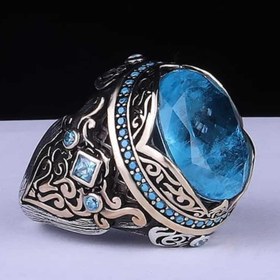 Resim Natural Aquamarine Gemstone 925 Sterling Silver Best Mens Ring - US: 6.5 / 54 mm / Turk: 14 