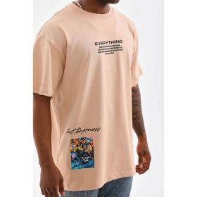Resim Nemere Bisiklet Yaka Baskılı Oversize T-Shirt - Bej 