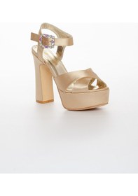 Resim Dilimler Ayakkabı Platformlu Saten Taşlı Gold Kadın Topuklu Abiye Ayakkabı-1159-GOLD 