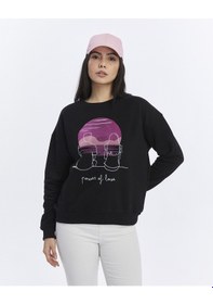 Resim Kadife Gün Batımı Desenli Siyah Yumuşak Dokulu Regular Fit Bisiklet Yaka Kadın Sweatshirt Siyah 