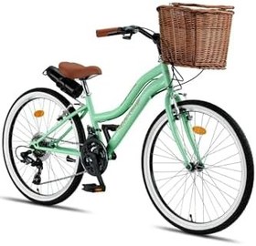 Resim Retro Classic 24 Jant Bisiklet, Shimano 21 Vites, Hasır Sepetli Vintage Şehir Bisikleti, Mint Yeşili 