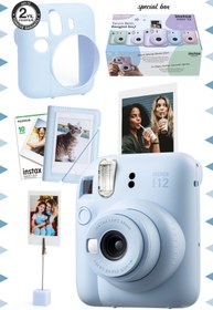 Resim Fujifilm Instax mini 12 Mavi Fotoğraf Makinesi-10'lu Film-Kıskaçlı Stand-Mini Albüm ve Silikon Kılıf Seti 
