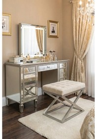 Resim Nexus Babyface Kapitoneli Puf - Krom Metal X Ayaklı Modern Bench 50x40 Cm Bej 