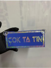 Resim Mavi Renk Üzeri Hologram Renk Çok Ta Tın Yazılı Vantuzlu Cam Süsü 