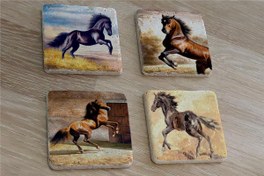 Resim Şaha Kalkmış Atlar Doğal Taş Bardak Altlığı 4'lü set - Natural Stone Coasters 