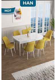Resim Canisa Han Serisi, 70x114 Açılabilir Mdf Masa Takımı, Beyaz Mermer Desen Masa Ve 6 Hardal Sandalye Masa Beyaz Mermer Desen Sandalye Hardal 