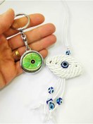 Resim cuaderno El Yapımı Nazar Boncuklu Göz Araba Dikiz Ayna Süsü + Metal Göz Temalı Anahtarlık Ikili Set 