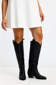 Resim POTEEN Ptc Western Topuklu Kadın Kowboy Çizme Diz Altı Geniş Konçlu-Siyah 