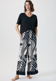 Resim Zebra desenli v yakalı geniş paça pantolon takmı - SİYAH BEYAZ / 2X 
