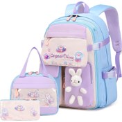 Resim 3 Parça Sevimli Tavşan Sırt Çantası ile Yemek Kutusu ve Kalem Şık Seti - Pastel Mor & Mavi Laptop Bölmeli İçeren, Ayarlayabilir Askılı, 1 Hafif Genç önlükler i& Günümüzdeki kullanimlar icin dayamali fermuar kapatma we genis depolama alani, şekillik sirt cebasi estetigi sevgili yaslari olan genc erkeklere uygun 