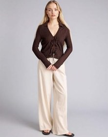 Resim DeFacto Wide Leg Çift Cepli Beli Lastikli Standart Boy Keten Karışımlı Pantolon 