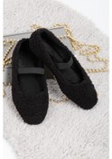 Resim Siyah Peluş Tüylü Bant Detaylı Panduf, Kadın Ev Ayakkabısı, Babet Siyah 