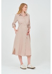 Resim Busa Hamile Gömlek Yaka Önden Cepli Midi Boy Elbise Vizon 