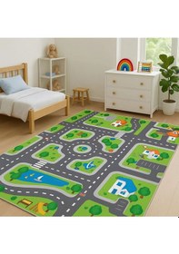 Resim Yeşil Renk Şeritli Yol Çocuk Odası Oyun Halısı Yeşil 