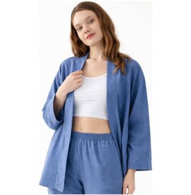 Resim Zen Elegance Kadın Kimono Takım - Geniş Paça Keten Dokulu Alt Üst Yazlık Kadın Takım İndigomavi 