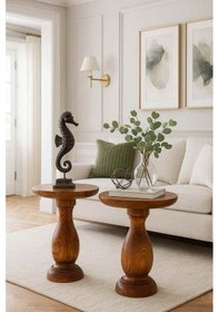 Resim Masif Ahşap Doğal Yan Sehpa 2 Li Takım Meşe Zigon & Fiskos - Wooden Side Table Meşe 