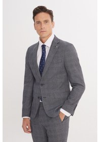 Resim AC&Co / Altınyıldız Classics Erkek Grı Mavı Ekstra Slim Fit Dar Kesim Mono Yaka Kareli Kapak Cepli Takım Elbise Grı Mavı 