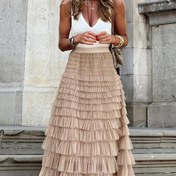 Resim Mesh Layered Hem Etek, Boho Yüksek Bel Etek, Kadın Giyim 