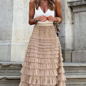 Resim Mesh Layered Hem Etek, Boho Yüksek Bel Etek, Kadın Giyim 