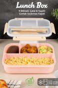 Resim Meleni Home Sızdırmaz Contalı Yemek Kabı - 4 Bölmeli Çatal Kaşıklı Diyet Beslenme Kutusu Lunch Box Pembe 