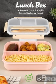 Resim Meleni Home Sızdırmaz Contalı Yemek Kabı - 4 Bölmeli Çatal Kaşıklı Diyet Beslenme Kutusu Lunch Box Pembe 