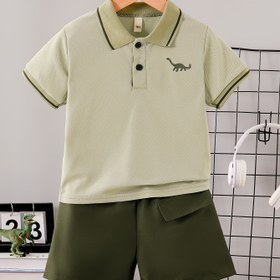 Resim DONABEBE ' Yazlık Polo Gömlek ve Şort Takımı - Sevimli Dinozor Baskısı, Hafif Yeşil, Kısa Kollu, Düğmeli Yaka, Rahat Konfor, Polyester, Gençler İçin Mini Kıyafet, Dış Mekanlar İçin 