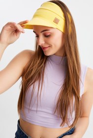 Resim Butikgiz Kadın Sarı Uv Korumalı Katlanabilir Üstü Açık Yumuşak Siperli %100 Pamuklu Penye Tenis Vizör Şapka 