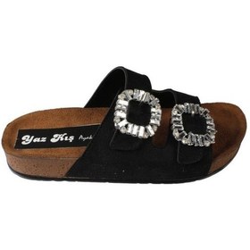 Resim Yazkış Kadın Siyah Krem Çift Tokalı Tokası Parlak Taşlı Mantar Taban Terlik Siyah 