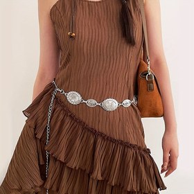 Resim Bohem Tarzı 1pc Kadın Bel Zinciri, Moda Retro Altın Tonlu Metal Bel Aksesuarı, Elbiseler ve Gömlekler için Çok Yönlü, Parti, Plaj, Casual ve Festivaller için Gümüş Vurgulu Zincir 