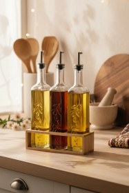 Resim Snippy Olea - 3'lü Ahşap Uzun Katlı Standlı Cam Zeytinyağı Şişesi Yağdanlık Damlatmaz Yağlık Sirkelik 500ml Ahşap 