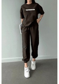 Resim Thatssofetch T-shirt Eşofman Altı Jogger - Kahve Baskı Alt Üst Eşofman Takımı Oversize Bisiklet Yak Koyu Kahverengi 
