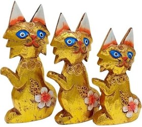 Resim Ahşap Simli Üçlü Kedi Dekoratif Biblo No.2 17 cm 