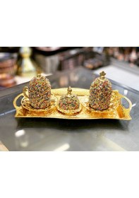 Resim İkili Renkli Kristal Taş Kaplama Kahve Fincan Seti Altın 