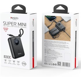 Resim YESIDO YP64 10.000 mAh Dijital Göstergeli Dahili Type-C ve Lightning Kablolu PD Mini Powerbank - Siyah 
