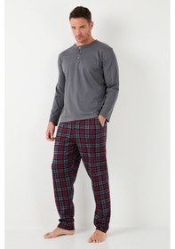 Resim Buratti Ekoseli Pamuklu Beli Lastikli Regular Fit Uzun Kollu Erkek Pijama Takımı 6572003 Füme 