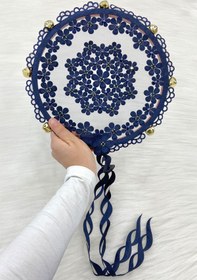 Resim ZEYMERADE Lacivert Çiçekli Parlak Taşlı Gelin Tefi, Düğün Kına Söz Sünnet Bekarlığa Veda Zilli 25cm, 1 Adet 