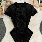 Resim Kadınlar için Y2K Retro Çiçek Desenli Şeffaf Mesh Tunik Tulum - Yüksek Esneklik, Dar Kesim Kısa Kollu Yuvarlak Yaka Siyah & Beyaz Her Mevsime Uygun Çok Yönlü Kıyafet, Şık Tarz, Nefes Alabilen Kumaş, Tek Parça Kıyafet, Trendy Kadın Giysisi 