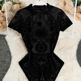 Resim Kadınlar için Y2K Retro Çiçek Desenli Şeffaf Mesh Tunik Tulum - Yüksek Esneklik, Dar Kesim Kısa Kollu Yuvarlak Yaka Siyah & Beyaz Her Mevsime Uygun Çok Yönlü Kıyafet, Şık Tarz, Nefes Alabilen Kumaş, Tek Parça Kıyafet, Trendy Kadın Giysisi 