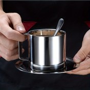 Resim 3 adet Set 304 Paslanmaz Çelik Avrupa Tarzı Kahve Fincanı Kahve Kaşığı ile Fincan ve Tabak Kahve Fincan Seti Çift Katmanlı Isı Yalıtımı Çok Amaçlı Süt Fincanı Avrupa Otel Kahve Fincanı Kahve Araçları 